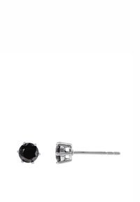 Black gemstone stud earring with round cut, set in a silver-tone metal prong setting. Features a straight post for fastening.