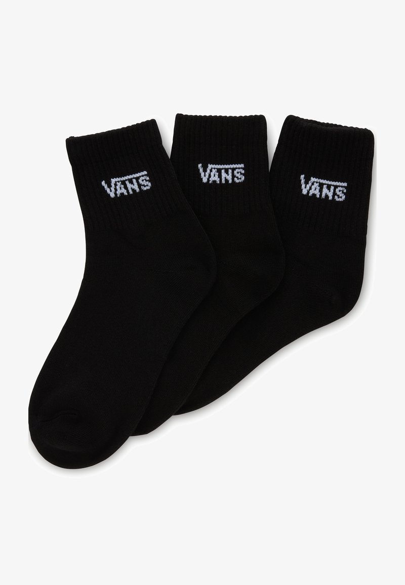 Calcetines de crew negros en un paquete de tres, con textura acanalada y el logotipo blanco "VANS" en el puño. Hechos de una tela suave y elástica.