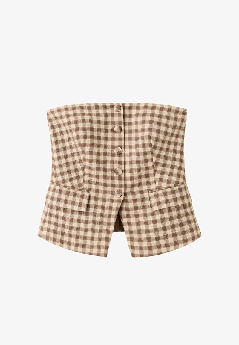 Top corset beige et marron à carreaux sans bretelles avec cinq boutons recouverts de tissu sur le devant et deux petites poches à rabat près de la taille.