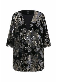 Giacca in velluto nero con motivo floreale in paillettes argentate e dorate, con scollatura a V e maniche corte. Senza bottoni o chiusure.