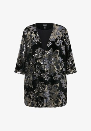 Black velvet jacket with silver and gold floral sequined design, featuring a v-neckline and short sleeves. No buttons or closures.