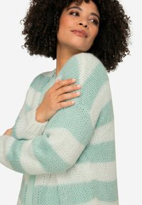 Cardigan lavorato leggero in verde menta con strisce bianche, caratterizzato da maniche lunghe e una vestibilità rilassata. Tessuto morbido con un aspetto robusto.