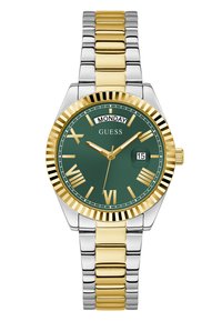 Gold and silver two-tone metal wristwatch with a green face, Roman numerals, date display, and a ridged gold bezel.