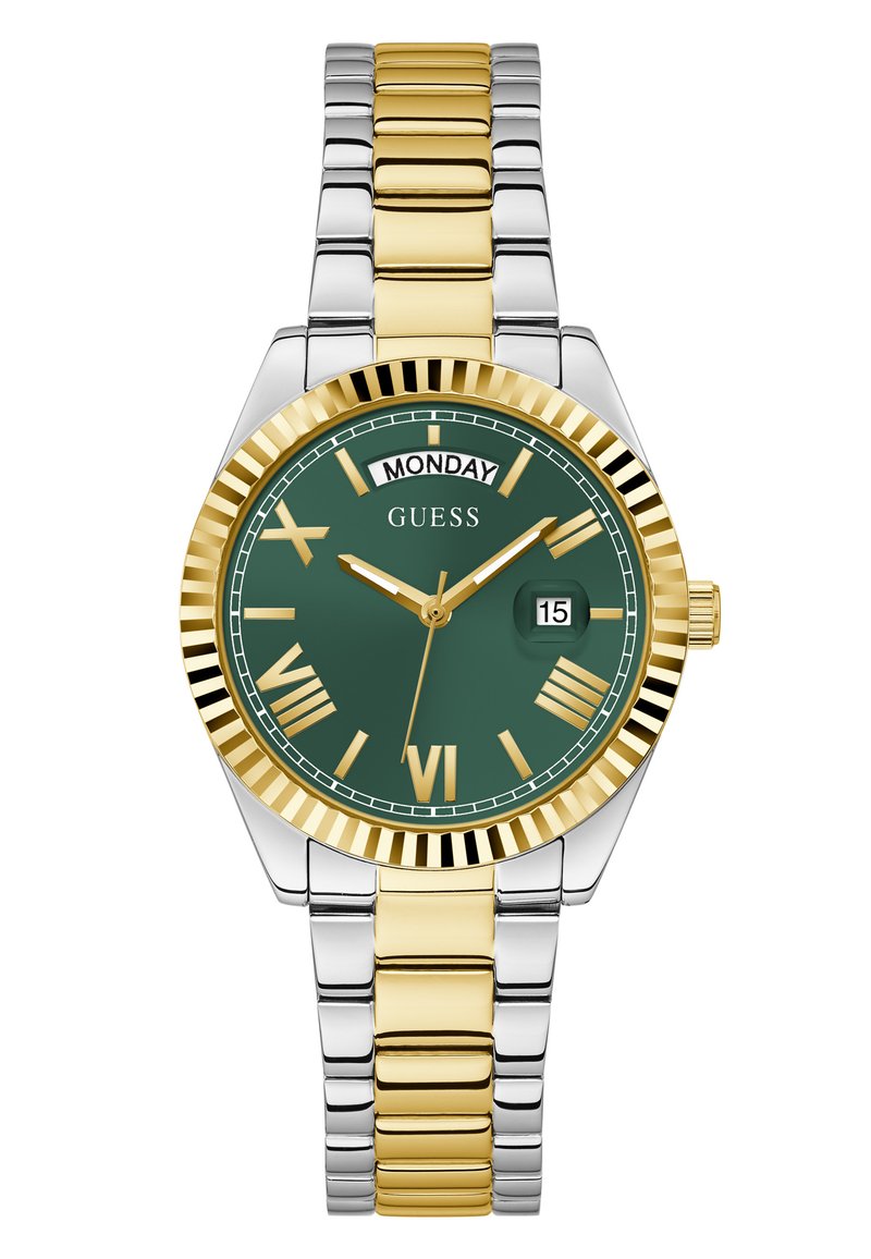 Gold and silver two-tone metal wristwatch with a green face, Roman numerals, date display, and a ridged gold bezel.