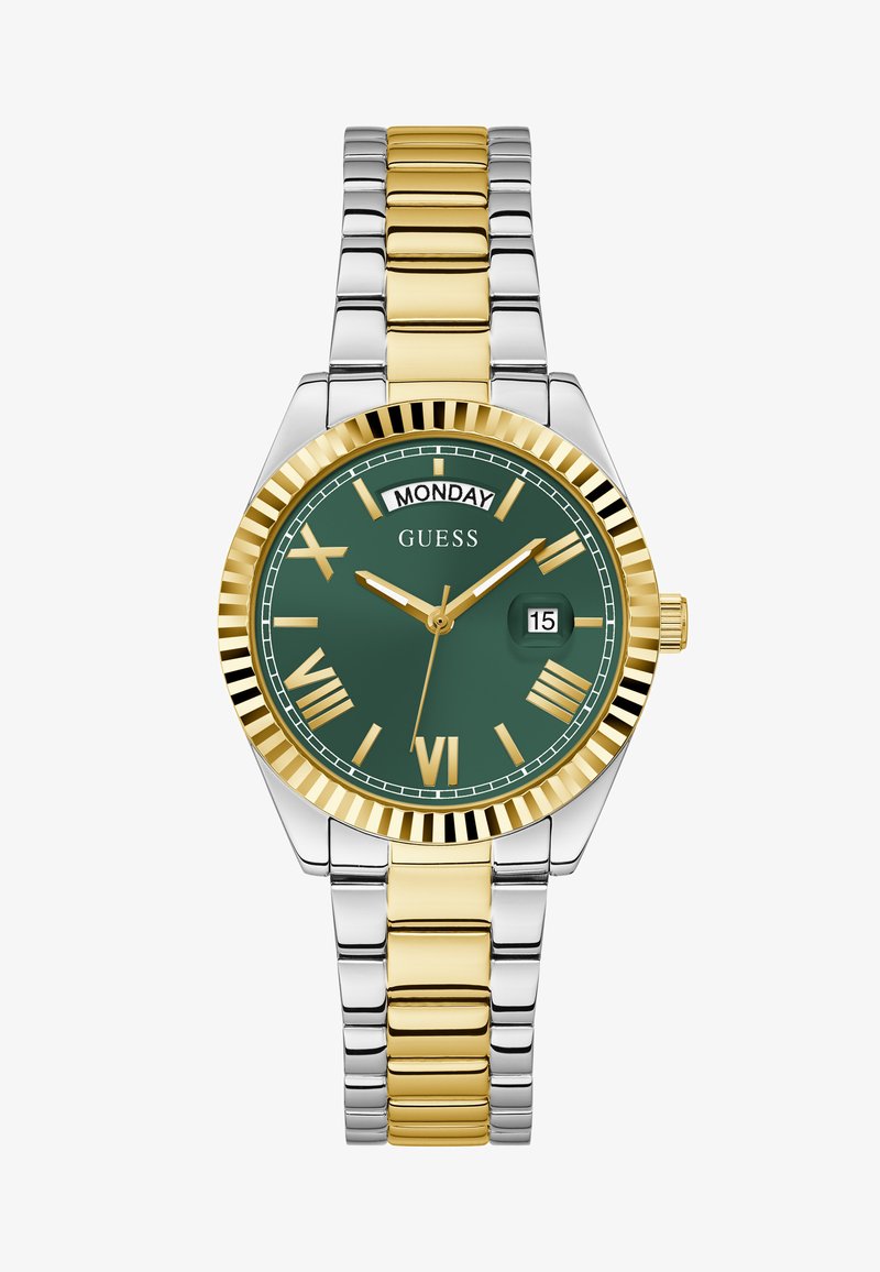 Gold and silver two-tone metal wristwatch with a green face, Roman numerals, date display, and a ridged gold bezel.
