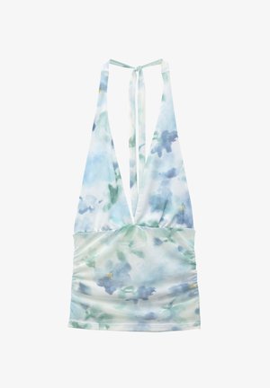 Top halter floreale in tonalità di blu chiaro e verde, con un profondo scollo a V, vita arricciata e chiusura con lacci al collo. Tessuto morbido e leggero.