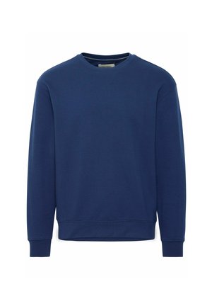 Sötétkék pulóver kerek nyakkivágással, hosszú ujjal, bordázott mandzsettával és aljjal. Puha, textúrált anyagból készült. Nincsenek minták vagy díszítések.