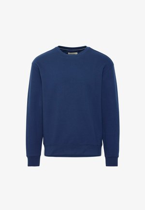 Dunkelblaues Sweatshirt mit Rundhalsausschnitt, langen Ärmeln, gerippten Bündchen und Saum. Hergestellt aus einem weichen, strukturierten Stoff. Keine Muster oder Akzente.