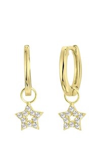Gold-tone hoop earrings with star-shaped pendants, adorned with clear crystals, featuring smooth texture and circular design.
