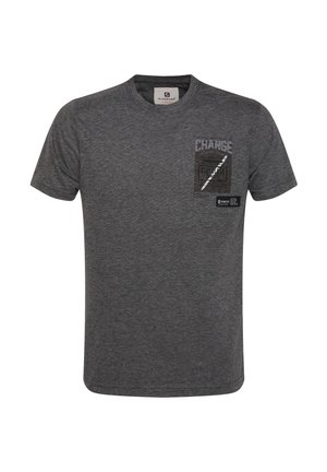 T-shirt in cotone grigio con maniche corte, caratterizzato da un design stampato con la parola "CAMBIO" e ulteriori accenti grafici sul davanti.