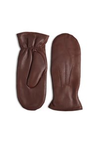 Brown leather mittens featuring a gathered wrist, a thumb compartment, and decorative stitching on one mitten. Smooth texture, flexible design.
