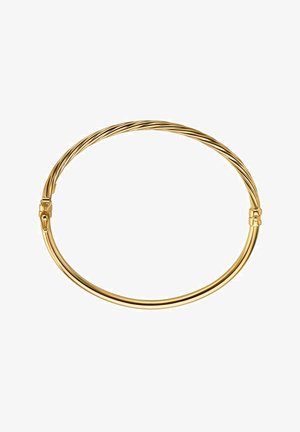 Zlatna zasukana zapestnica z gladko površino, elegantnim dizajnom in trdnim zapiranjem s dekorativnimi kovinskimi elementi.