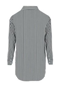 Striped long-sleeve shirt featuring narrow navy and white vertical stripes, a button-down collar, and buttoned cuffs with rounded hem.