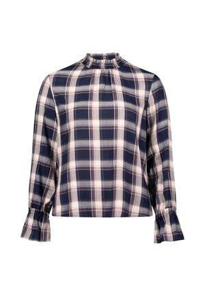 Blusa a quadri navy e crema con collo alto, dettagli arricciati e maniche lunghe a campana. Realizzata in un tessuto morbido e leggero.