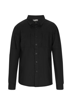 Mustapaita pitkillä hihoilla, jossa on klassinen kaulus, kaksi rintataskua ja sileä puuvillakangas.