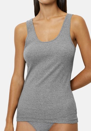 Gray, lightweight tank top with a scoop neckline and wide shoulder straps, made from ribbed cotton fabric, featuring a fitted design.