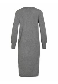 Vestito grigio lavorato a maglia con maniche lunghe a sbuffo, scollatura rotonda e design fino al ginocchio. Texture liscia e colore uniforme.