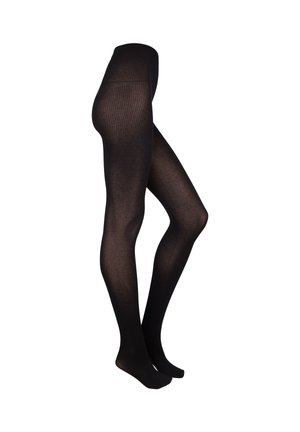Zwarte geribbelde ondoorzichtige panty's op het onderste deel van een paspop, zijaanzicht met voeten naar voren gericht.