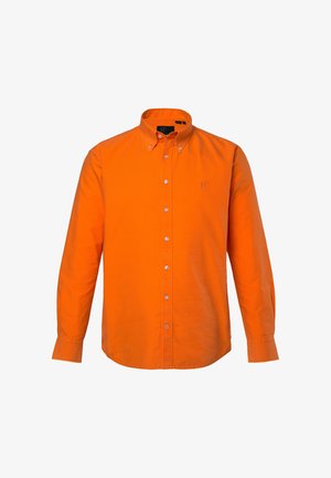 Kirkkaan oranssi pitkähihaisen nappikauluspaita, jossa kaulus ja pieni "JP"-logo vasemmassa rinnassa valkoisella taustalla.