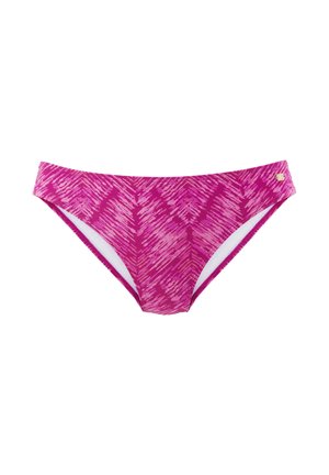 Rosa Bikini-Hintern mit Zickzackmuster, aus dehnbarem Stoff mit glatter Textur. Gefüttertes Innenfutter und kontrastierende weiße Kanten.