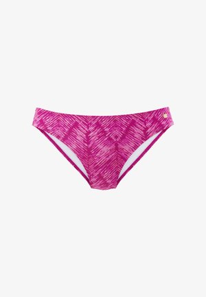 Rosa Bikini-Hintern mit Zickzackmuster, aus dehnbarem Stoff mit glatter Textur. Gefüttertes Innenfutter und kontrastierende weiße Kanten.