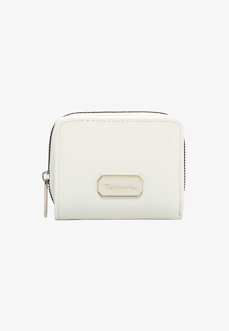 Portefeuille en similicuir blanc avec une fermeture éclair, présentant un accent en métal doré rectangulaire sur le devant et une surface texturée.