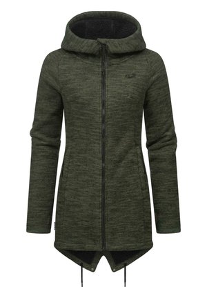 Green zip-up jacket with a hood, textured fabric, long sleeves, and a high-low hem. Features two side pockets and drawstring details.