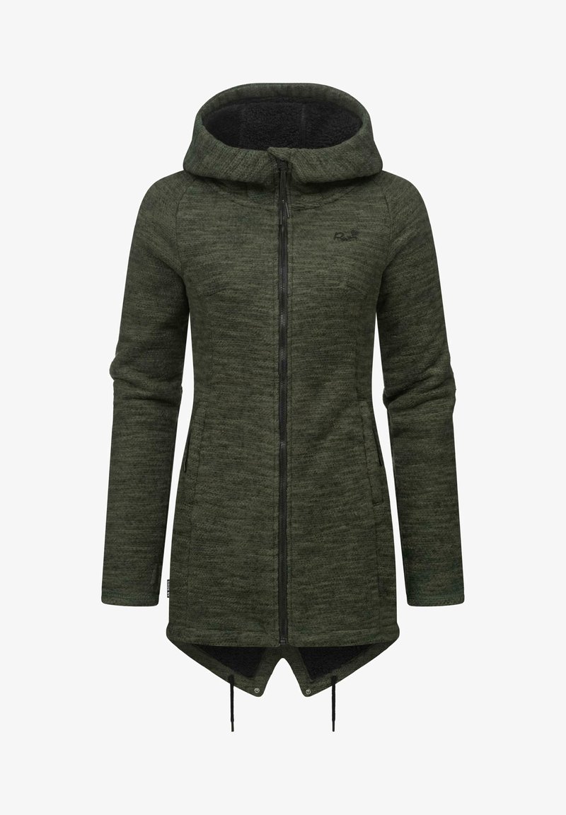 Grüne Zip-Jacke mit Kapuze, strapazierfähigem Stoff, langen Ärmeln und einem asymmetrischen Saum. Verfügt über zwei seitliche Taschen und Zugbandsdetails.