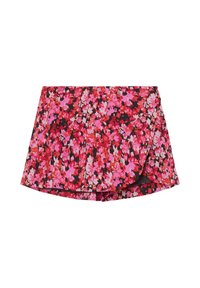 Pantaloni corti floreali in tonalità di rosa e rosso su uno sfondo nero. Realizzati in tessuto leggero, presentano un design svasato e dettagli a incrocio.