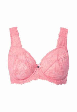 Rosa blonde-bh med blomsterprint, brede stropper, bøjle-støtte og en lille sløjfe med en vedhæng foran i midten.