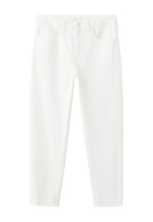 Jeans bianchi a gamba dritta con tasche frontali, passanti per cintura, chiusura con bottoni e cerniera lampo.