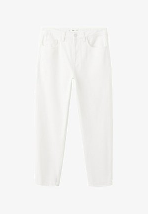 Biele džíny s rovnými nohavicami, prednými vreckami, pútkami na opasok, zapínaním na gombík a zipsom.