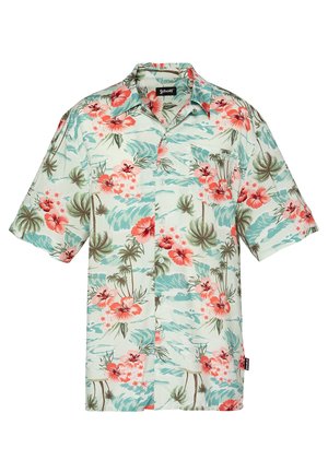 Korte mouwen overhemd met knopen, lichtblauwe achtergrond, rode en roze hibiscusbloemen, groene palmbomen en een borstzak.