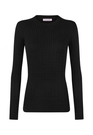 Czarny, długi sweter z dzianiny warkoczowej z długimi rękawami, z okrągłym dekoltem, dopasowanym krojem i ściągaczami przy rękawach i na dole, oznaczony metką Felix Hardy rozmiar M.