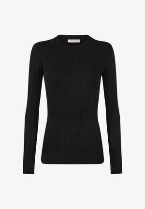 Pull noir à manches longues en maille torsadée avec col rond, silhouette ajustée, poignets et ourlet côtelés, étiquette Felix Hardy taille M.