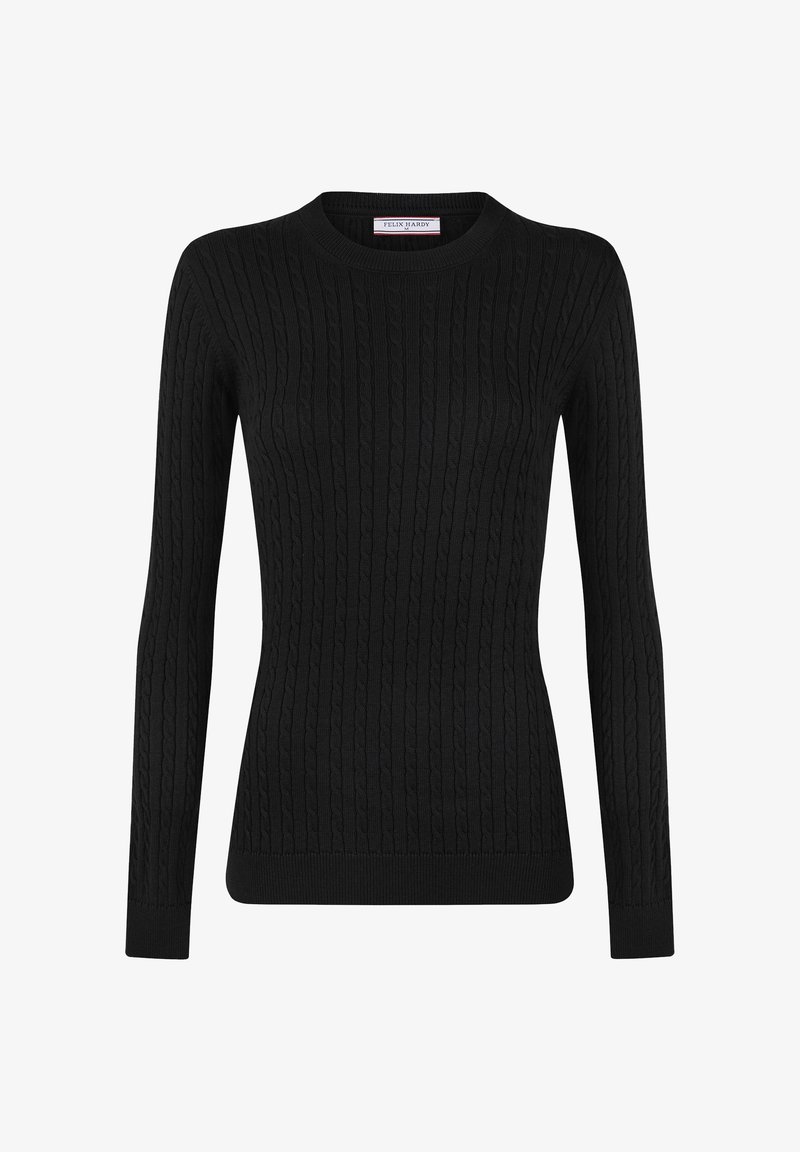 Pull noir à manches longues en maille torsadée avec col rond, silhouette ajustée, poignets et ourlet côtelés, étiquette Felix Hardy taille M.