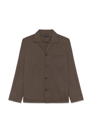 Braunes Hemd zum Knöpfen aus glattem Stoff. Verfügt über einen Kragen, eine einzelne Brusttasche und fünf Knöpfe vorne.