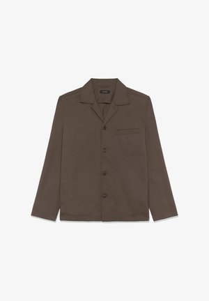 Braunes Hemd zum Knöpfen aus glattem Stoff. Verfügt über einen Kragen, eine einzelne Brusttasche und fünf Knöpfe vorne.