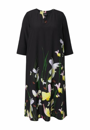 Sort midi-kjole med 3/4 ærmer, V-udskæring med hak og gult, hvidt og pink blomsterprint langs kanten.