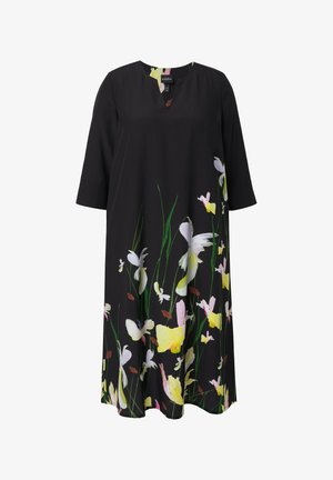 Schwarzes Midikleid mit 3/4-Ärmeln, V-förmigem Ausschnitt und gelbem, weißem und pinkem Blumenmuster entlang des Saums.