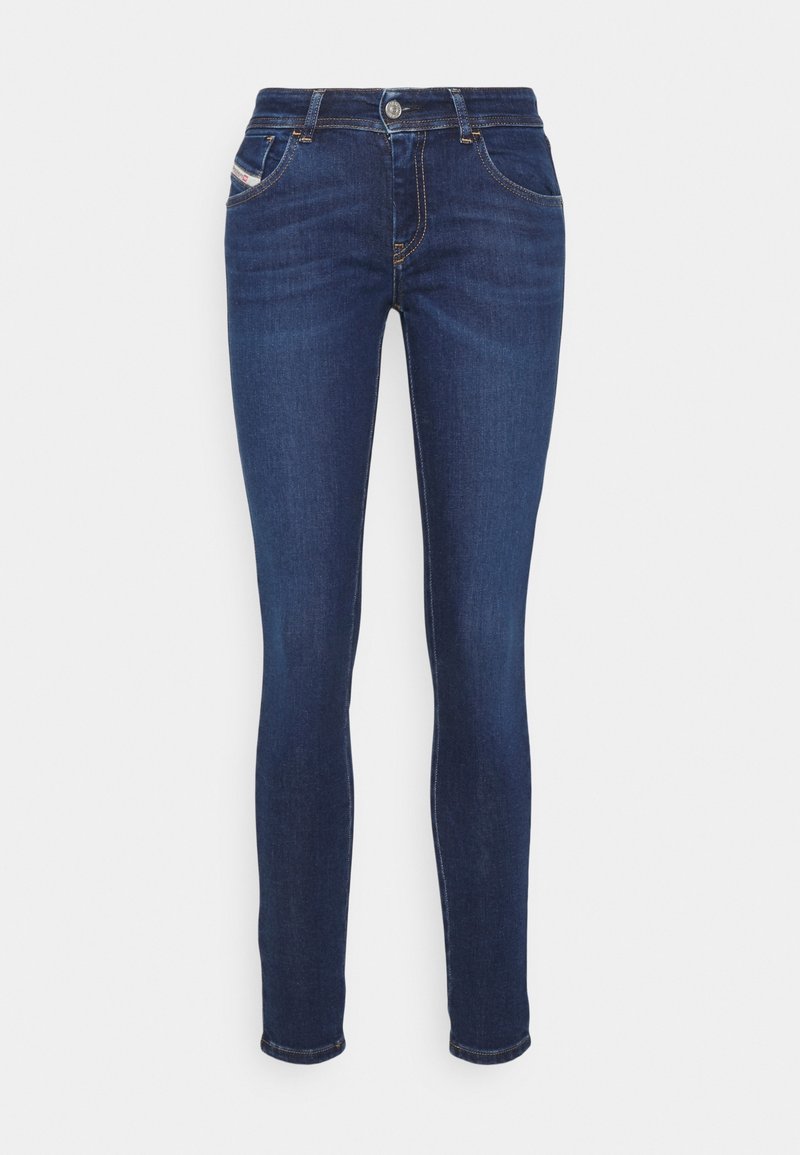 Slim jeans i mörkblå denim, med fem fickor, subtila sömnadsdetaljer och en slät yta med en standardmidja och knappstängning.