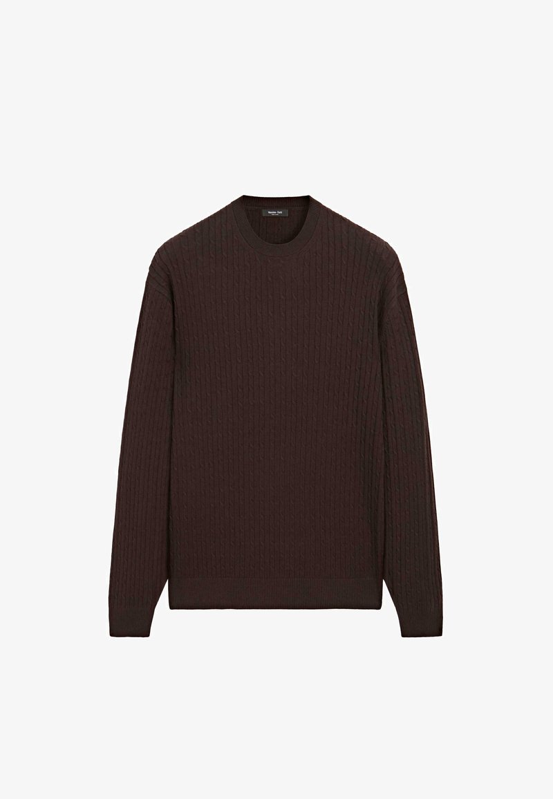 Brown knitted sweater with a cable pattern, round neckline, and long sleeves. Made of soft fabric, featuring ribbed cuffs and hem.