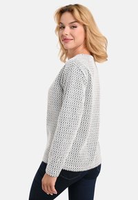 Hellgrau gestrickter Pullover mit einem strukturierten Rautenmuster, rundem Ausschnitt und langen Ärmeln. Kombiniert mit dunkelblauen Jeans.