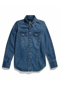 Camicia in denim di un blu intenso, con chiusura a bottoni, due tasche sul petto e colletto appuntito. Presenta maniche lunghe e un orlo curvato.