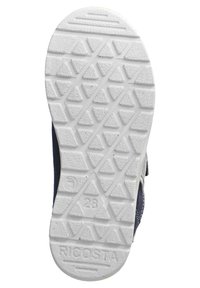 Dark blue children's shoe with a white rubber sole featuring a geometric tread pattern and embossed brand name "RICOSTA" and size "28."