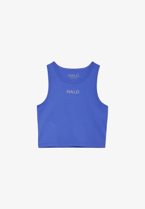 Niebieski krótki top bez rękawów z okrągłym dekoltem i napisem "HALO" w jasnoszarym kolorze na przodzie oraz wewnątrz kołnierzyka.