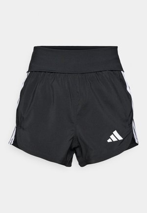 Mustad mustad lühikesed püksid, mis on valmistatud kergest materjalist, laia vöökoha, valgete külgtriipude ja väikese valge logoga alumises servas.