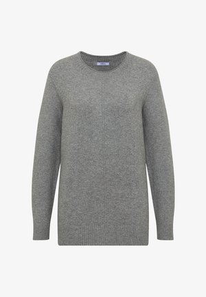Un pull en tricot gris avec un col rond, des manches longues et des poignets et un ourlet côtelés. Présente un motif texturé et un design latéral sans couture.