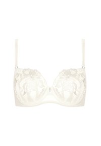 Soutien-gorge rembourré blanc avec broderie en dentelle florale, bretelles ajustables et fermeture à crochet. Texture lisse avec des accents décoratifs.