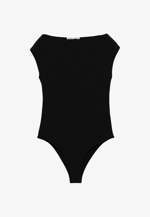 Černý bezrukávový body s širokým výstřihem na loďku a vysokými rozparkami, zobrazený na bílem pozadí.